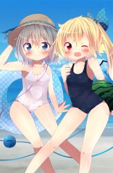  2girls ;d abandon_ranka bad_id bad_pixiv_id blonde_hair blue_eyes blush flandre_scarlet food fruit grey_hair hat hat_ribbon highres holding innertube komeiji_koishi multiple_girls no_headwear one-piece_swimsuit one_eye_closed open_mouth photoshop_(medium) polka_dot red_eyes ribbon school_swimsuit side_ponytail smile straw_hat swim_ring swimsuit third_eye touhou water watermelon 