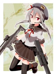  assault_rifle blush commentary_request dual_wielding female gotyou grey_hair gun h&amp;k_g11 h&amp;k_xm8 headset heckler_&amp;_koch holding original red_eyes rifle school_uniform solo weapon 