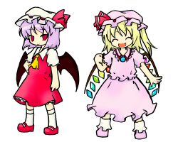  2girls ascot blonde_hair commentary_request cosplay costume_switch flandre_scarlet flandre_scarlet_(cosplay) miki_(mizuki) multiple_girls purple_hair red_eyes remilia_scarlet remilia_scarlet_(cosplay) simple_background smile touhou white_background wings 