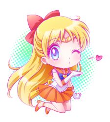  aino_minako asahi_haru back_bow bishoujo_senshi_sailor_moon blonde_hair blue_eyes bow brooch chibi choker commentary_request female hairbow half_updo heart heart_brooch jewelry long_hair magical_girl one_eye_closed orange_choker orange_sailor_collar orange_skirt red_bow sailor_collar sailor_senshi_uniform sailor_venus skirt solo star_(symbol) star_choker super_sailor_venus tiara 