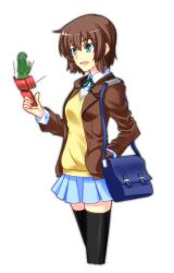  amia_lee bad_id bad_pixiv_id bag black_thighhighs blazer brown_hair chuu_(rinet) cowboy_shot cropped_legs female green_eyes gundam gundam_00 gundam_00_a_wakening_of_the_trailblazer hand_in_pocket highres hologram jacket mole open_mouth school_uniform short_hair simple_background skirt solo thighhighs zettai_ryouiki 