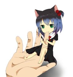  1boy animal_ears bad_id bad_pixiv_id biting biting_another&#039;s_finger chibi commentary_request dress green_eyes kiki_(tsunya) mini_person miniboy otoko_no_ko ryoune_yami solo_focus utau 