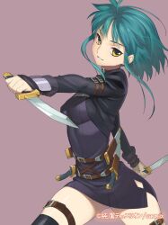  combat_knife commentary_request copyright_name dual_wielding female green_hair grin holding junketsu_duelion knife looking_at_viewer nanachi_sara official_art photoshop_(medium) reverse_grip sheath short_hair sidelocks simple_background smile solo thigh_strap translated weapon yangsion yellow_eyes 