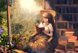  book bookshelf brown_hair casual chair commentary english_commentary female flower nature original reading short_sleeves sitting solo sunlight tahra 