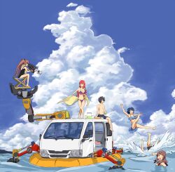  2boys 4girls ano_natsu_de_matteru bikini camera chair cloud commentary_request day highres inflatable_raft ishigaki_tetsurou kirishima_kaito kitahara_mio md5_mismatch motor_vehicle multiple_boys multiple_girls nguyen_van-hai one-piece_swimsuit outdoors scarf splashing swimsuit takatsuki_ichika tanigawa_kanna van yamano_remon 