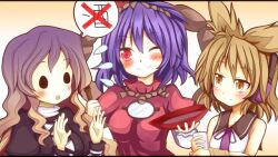  3girls alcohol bad_id bad_pixiv_id blush brown_eyes brown_hair commentary_request cup gradient_hair headphones hijiri_byakuren keyaki_chimaki long_hair multicolored_hair multiple_girls one_eye_closed purple_hair red_eyes sakazuki sake short_hair smile solid_circle_eyes stage_connection symposium_of_post-mysticism touhou toyosatomimi_no_miko yasaka_kanako 