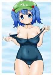  blue_eyes blue_hair breasts commentary_request female hair_bobbles hair_ornament hat jewelry kawashiro_nitori key large_breasts masara_(chuujou) necklace one-piece_swimsuit school_swimsuit short_hair smile solo swimsuit touhou two_side_up undressing 