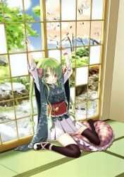  absurdres aoki_ume bow bracelet brown_eyes copyright_request female frilled_pillow frills green_hair hairbow highres jewelry leaning lolita_fashion nail_polish pillow shoes single_shoe sitting skirt sliding_doors smile tatami thighhighs tree twintails wa_lolita wariza 