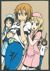  5girls :o =_= akiyama_mio alternate_hairstyle bad_id bad_pixiv_id braid breast_padding bust_measuring clipboard gym_uniform hair_down hat hirasawa_yui k-on! k-on!_movie kirigami kotobuki_tsumugi measuring multiple_girls navel no_headwear nurse nurse_cap open_mouth pants pantyhose shoes smile tainaka_ritsu tape_measure thick_eyebrows third-party_edit track_pants unworn_shoes uwabaki weighing_scale yamanaka_sawako 