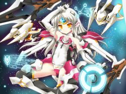  arm_up code:_nemesis_(elsword) commentary_request elsword eve_(elsword) expressionless female forehead_jewel gloves leotard long_hair mecha_musume photoshop_(medium) robot solo thighhighs white_hair yellow_eyes yukuruu 