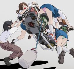  4girls aircraft bad_id bad_pixiv_id black_eyes black_hair brown_hair climbing closed_eyes commentary_request gloves hair_ornament hairclip hover_bike kneehighs loafers multiple_girls open_mouth original panties photoshop_(medium) pulling riding school_uniform shoes simple_background skirt socks striped_clothes striped_panties sukabu underwear upskirt white_legwear 