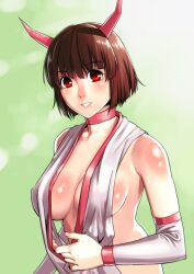  bare_shoulders breasts brown_hair choker commentary_request detached_sleeves female horns kasumi_(monster_farm) large_breasts monster_farm short_hair smile solo tkln upper_body 