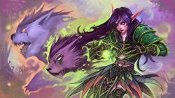  armor bear claws colored_skin commentary_request druid_(warcraft) elf feathers feline female fire green_fire highres jimaoxiaodi long_hair night_elf_(warcraft) player_character_(wow) pointy_ears purple_hair purple_skin warcraft world_of_warcraft 