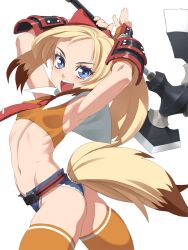  animal_ears arm_guards armpits arms_up ass axe belt blonde_hair blue_eyes commentary_request cutoffs denim denim_shorts fana_avril female fingerless_gloves gloves halterneck junketsu_duelion long_hair looking_at_viewer midriff navel necktie official_art photoshop_(medium) short_shorts shorts simple_background smile solo tail takoyaki_neko-san thighhighs weapon white_background 