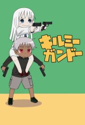  1boy aiming blue_eyes carrying commentary_request dark-skinned_male dark_skin dual_wielding female gun h354_(997578) handgun holding johnathan_mar jormungand_(manga) kill_me_baby koko_hekmatyar long_hair parody red_eyes scar short_hair shoulder_carry smile style_parody tamura_mutsumi title_parody translated voice_actor_connection weapon 