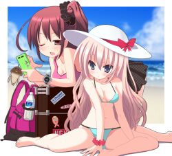  2girls bag barefoot beach bikini blonde_hair blue_eyes bottle cellphone commentary_request hat kuronekogata multiple_girls navel original phone red_eyes red_hair side_ponytail sitting suitcase sun_hat swimsuit wariza watch wristwatch 