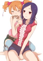  2girls bad_id bad_pixiv_id belt closed_eyes doughnut eating food fresh_precure! higashi_setsuna minatsuki_randoseru momozono_love multiple_girls orange_hair pink_tank_top precure purple_hair red_eyes short_hair shorts simple_background tank_top thighhighs twintails white_background 