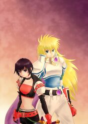  1boy armor belt black_hair blonde_hair blue_eyes breasts choker elbow_gloves female gloves headband highres kururi_(oekaki_nikki) long_hair midriff navel pants purple_eyes rutee_katrea short_hair short_shorts shorts stahn_aileron sword tales_of_(series) tales_of_destiny weapon 