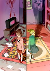  2girls blonde_hair blood blue_eyes book bookshelf braid brown_eyes brown_hair carpet commentary_request controller expressionless game_console game_controller getiao green_shirt knife madotsuki multiple_girls paper pillow pink_shirt poniko ponytail ribbon shadow shirt skirt smile television turtleneck twin_braids uboa yume_nikki 