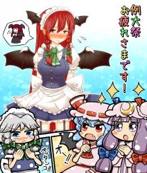  4girls :&lt; :o alternate_costume alternate_hairstyle apron ascot bat_wings black_wings blue_eyes blush blush_stickers bow braid breast_envy breasts commentary_request convention_greeting cosplay crescent dora_ita embarrassed enmaided flying_sweatdrops garter_straps grey_hair hairbow hat head_wings izayoi_sakuya izayoi_sakuya_(cosplay) koakuma large_breasts long_hair maid multiple_girls oerba_yun_fang parody patchouli_knowledge pointy_ears purple_eyes purple_hair red_eyes red_hair reitaisai remilia_scarlet spoken_character style_parody sweatdrop thighhighs touhou translated twin_braids wings zettai_ryouiki 