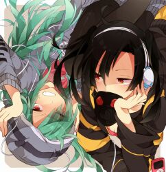  2girls commentary_request creator_connection enomoto_takane gas_mask green_hair grin headphone_actor_(vocaloid) headphones hood hoodie kagerou_project kido_tsubomi long_hair mask mekakushi_code_(vocaloid) multiple_girls red_eyes smile tobari_(brokenxxx) twintails vocaloid 