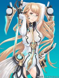  armpits arms_up blonde_hair bodysuit braid breasts commentary_request copyright_name female glasses gradient_background green_eyes junketsu_duelion large_breasts long_hair mana_(remana) mecha_musume official_art photoshop_(medium) see-through solo suzette_rohmer sword translated very_long_hair weapon 