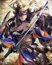  bad_id bad_pixiv_id black_eyes black_hair bushin_renkei_zero date_masamune_(bushin_renkei_zero) eyepatch female gloves hat japanese_clothes katana long_hair petals photoshop_(medium) samurai side_slit solo suda_ayaka sword thighhighs weapon 