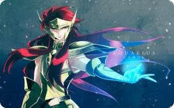  1boy alternate_hairstyle aquarius_camus armor bad_id bad_pixiv_id character_name full_armor gold_armor gold_saint long_hair male_focus red_eyes red_hair saint_seiya simple_background solo sumizuki 