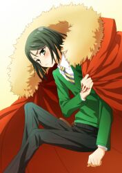  1boy androgynous blush cape command_spell commentary_request fate/zero fate_(series) green_eyes green_hair male_focus necktie oiun solo waver_velvet 