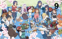  2boys 6+girls amami_haruka bag barefoot black_hair blue_eyes brown_eyes brown_hair cherry_blossoms cover dvd_cover everyone futami_ami futami_mami ganaha_hibiki glasses hagiwara_yukiho hamster hamuzou hoshii_miki idolmaster idolmaster_(classic) japanese_clothes kikuchi_makoto kimono kisaragi_chihaya long_hair minase_iori miura_azusa multiple_boys multiple_girls necktie nishigori_atsushi official_art otonashi_kotori pantyhose petals producer_(idolmaster) producer_(idolmaster_anime) shijou_takane short_hair sleeves_pushed_up striped striped_necktie takagi_junjirou takatsuki_yayoi thighhighs 