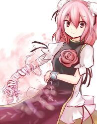  bandages baram bun_cover chains chinese_clothes commentary_request cuffs double_bun female flower hair_bun ibaraki_kasen pink_eyes pink_hair rose shackles short_hair skirt solo tabard touhou 