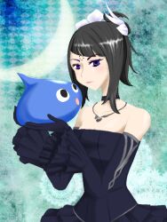  aq_interactive bare_shoulders black_hair blue_eyes breasts choker detached_sleeves dress female gloves hair_ornament jewelry manamia mistwalker monster necklace nintendo short_hair the_last_story 