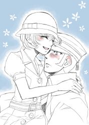  1boy asakura_tae bad_id bad_pixiv_id blush cloche_hat closed_eyes devil_summoner_(series) female flapper_girl hat hug kasuteira kuzunoha_raidou short_hair smile 