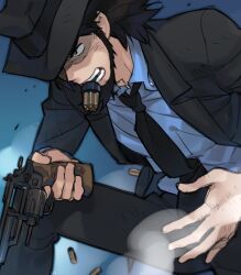  1boy bad_id bad_pixiv_id beard black_eyes black_hair commentary_request facial_hair gun handgun hat jigen_daisuke lupin_iii male_focus necktie photoshop_(medium) reloading revolver shaded_face shell_casing smoke solo toujou_sakana weapon 