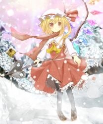  ascot blonde_hair blush bow bunchou_(bunchou3103) commentary_request female flandre_scarlet hat highres mob_cap oerba_yun_fang pantyhose red_eyes ribbon rumia scarf short_hair side_ponytail sign silhouette skirt smile snow snowman solo touhou translated white_hat wings 