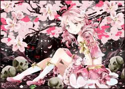  ahoge bare_shoulders cherry_blossoms dress drill_hair elodie female flower from_side full_body gloves hetiru highres logo long_live_the_queen looking_at_viewer official_art official_wallpaper pink_hair sitting skull smile solo twintails 