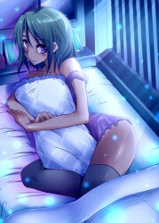  black_hair black_thighhighs commentary_request dark-skinned_female dark_skin female idolmaster idolmaster_cinderella_girls jewelry legs light_particles lingerie lying natalia_(idolmaster) natsu_(anta_tte_hitoha) necklace negligee pillow purple_eyes smile solo thighhighs underwear 