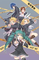  2boys 3girls aqua_eyes aqua_hair blonde_hair blue_eyes blue_hair brown_eyes brown_hair caution_tape commentary_request cuffs drill_hair eyepatch formal hair_ornament hair_ribbon hairclip handcuffs hatsune_miku highres himitsu_keisatsu_(vocaloid) kagamine_len kagamine_rin kaito_(vocaloid) keep_out long_hair looking_at_viewer meiko_(vocaloid) mugitarou multiple_boys multiple_girls open_mouth ribbon sarashi short_hair skirt suit thighhighs twintails vocaloid zettai_ryouiki 