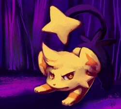  absurdres alternate_color angry bad_deviantart_id bad_id commentary full_body glitchedpuppet highres leer_(pokemon) looking_at_viewer no_humans orange_eyes pokemon pokemon_(creature) pokemon_move purple_background shinx shiny_pokemon 