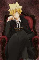  blonde_hair cape chair food formal ham katekyo_hitman_reborn! male male_focus orange_eyes short_hair sitting suit vongola_primo vongola_primo_giotto 