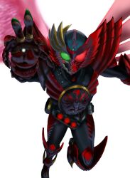  1boy ankh_(ooo) arudebido belt commentary_request crack flying fusion kamen_rider kamen_rider_ooo kamen_rider_ooo_(series) male_focus mask reaching reaching_towards_viewer solo tajador_(ooo_combo) wings 