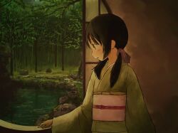  black_eyes black_hair bow commentary_request dark female flat_chest hairbow japanese_clothes kimono long_sleeves obi original parted_lips pond profile round_window sash solo tebanawo tree twintails water wide_sleeves window 