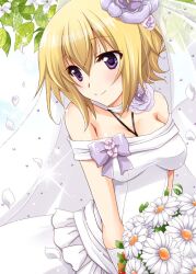  blonde_hair blush bouquet bridal_veil charlotte_dunois dress elbow_gloves female flower gloves hair_ornament infinite_stratos long_hair photoshop_(medium) purple_eyes ribbon smile solo veil wedding_dress yamaki_suzu 