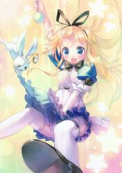  &gt;_&lt; :d :x absurdres alice_(alice_in_wonderland) alice_in_wonderland black_bow black_footwear blonde_hair blue_eyes bow closed_eyes dress female hair_ribbon highres holding long_hair open_mouth pendant_watch rabbit ribbon shoes smile solo takoyaki_(roast) thighhighs watch white_rabbit_(alice_in_wonderland) white_thighhighs 