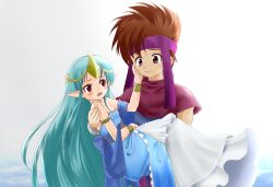  1boy aqua_hair armlet bare_shoulders blush bracelet brown_eyes brown_hair capelet carrying commentary_request dress female gown headband jewelry long_hair luca_(seiken_densetsu) pointy_ears princess_carry randi_(seiken_densetsu_2) red_eyes sakana_(syake) seiken_densetsu seiken_densetsu_2 tiara very_long_hair 