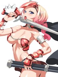  arm_guards armlet armor ass bare_shoulders belt bikini_armor blue_eyes breasts cape cleavage collarbone commentary_request female headgear junketsu_duelion large_breasts looking_at_viewer nail_polish navel official_art photoshop_(medium) pink_hair sheath simple_background solo sword takoyaki_neko-san tongue viviana_iniesta weapon white_background 