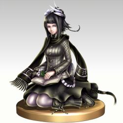  aq_interactive black_hair book boots braid breasts dress female flower gloves grey_eyes hair_ornament highres jacket long_hair manamia mistwalker nintendo pantyhose scarf super_smash_bros. the_last_story trophy 