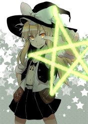  belt black_bra blonde_hair bra breasts cleavage commentary_request female hand_on_own_hip hat kirisame_marisa long_hair navel open_clothes open_shirt pentagram pouch shirt skirt small_breasts smirk solo star_(symbol) touhou underwear vest yellow_eyes yutamaro zipper 