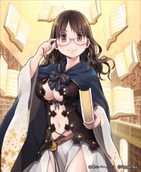  adjusting_eyewear bad_id bad_pixiv_id book bookshelf breasts brown_eyes brown_hair cape cleavage female glasses large_breasts len_(a-7) looking_at_viewer miina_(shingeki_no_bahamut) navel red-framed_eyewear shingeki_no_bahamut smile solo watermark wavy_hair 