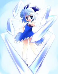  :d blue_bow blue_dress blue_eyes blue_hair bow cirno colorized commentary_request dress female hairbow looking_at_viewer open_mouth photoshop_(medium) puffy_short_sleeves puffy_sleeves short_hair short_sleeves smile solo touhou yume_shokunin 